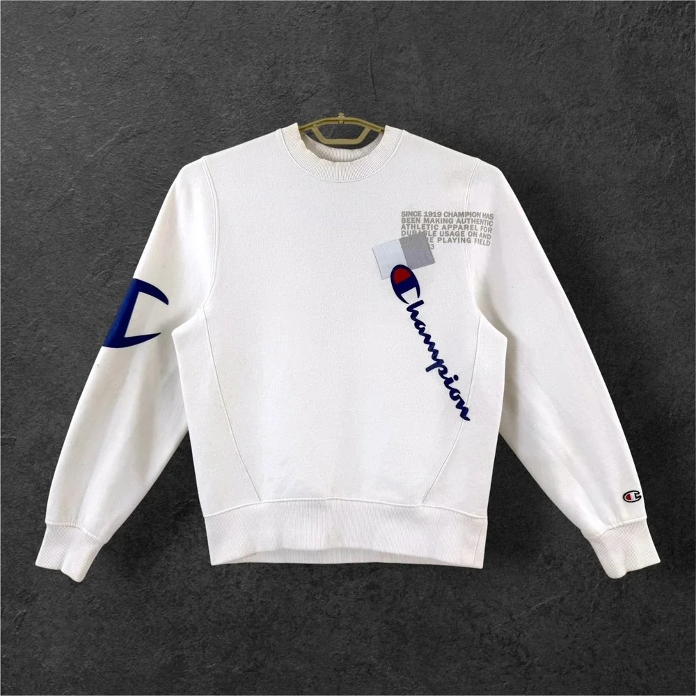 Champion Sweatshirt Mens S White Big Logo Script Crewneck Fleece Pullover